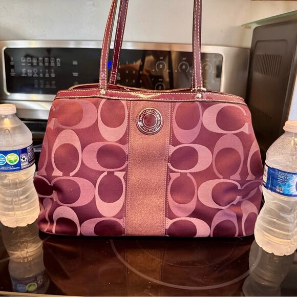 Coach Signature Purple Jacquard Shoulder Bag Tote – Leather Trim, Size: Large - Picture 11 of 12